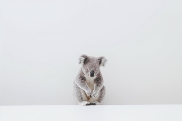 Um coala está sentado em uma mesa com os olhos fechados.