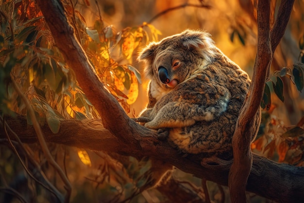 Um coala senta-se em um galho em um brilho dourado do sol poente.