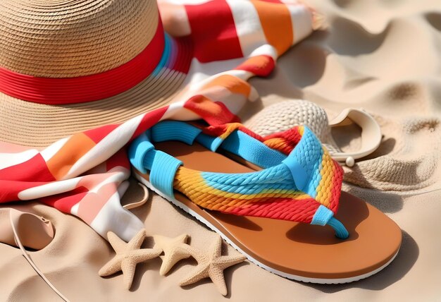 Foto um cobertor com chinelos elegantes, uma pulseira e um chapéu de palha em uma praia de areia em close-up