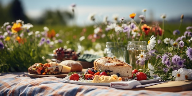 Um cobertor de piquenique com comida em um campo de flores