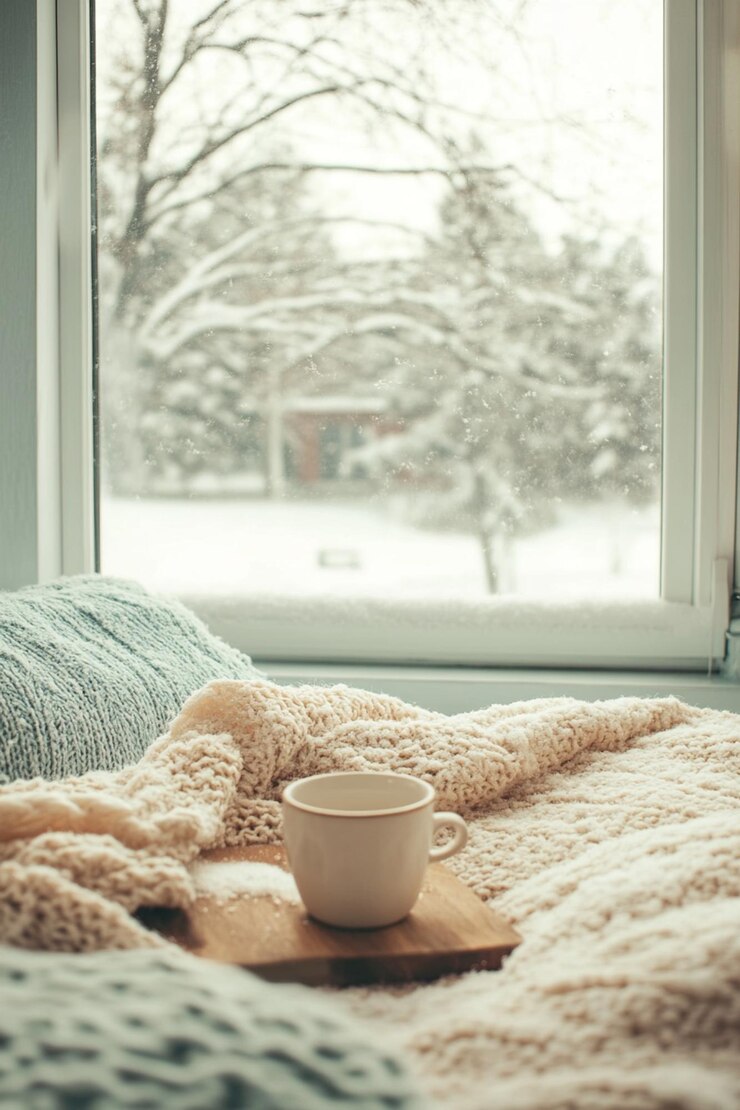 um cobertor em uma cama com uma chávena de café e um coberter
