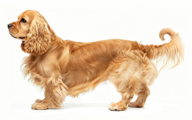 Um Cocker Spaniel Americano equilibrado está de perfil mostrando seu exuberante casaco dourado e sua silhueta refinada A disposição amigável e a beleza da raça estão em plena exibição