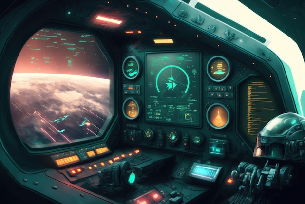 Um cockpit de nave espacial com vista para o planeta Terra, IA generativo