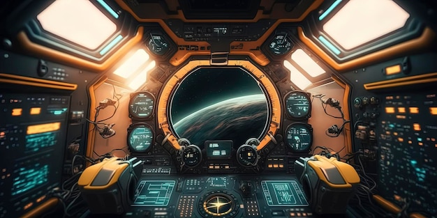 Um cockpit de nave espacial futurista com painéis de controle e telas de alta tecnologia