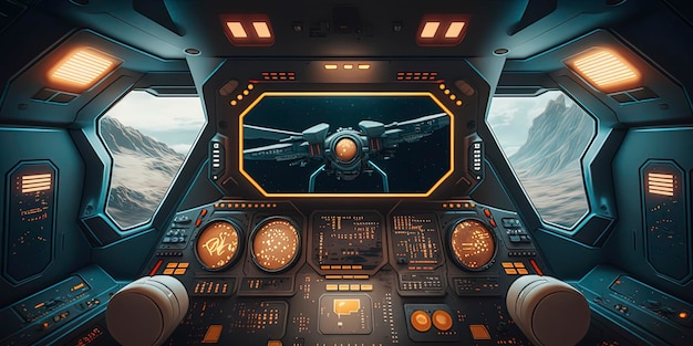 Foto um cockpit de nave espacial futurista com painéis de controle e telas de alta tecnologia