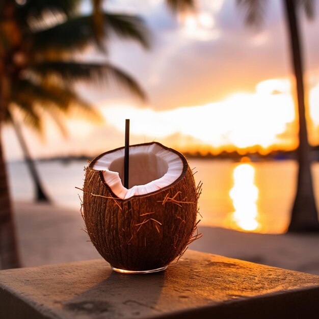 Foto um coco com um palito dentro fica em uma praia.