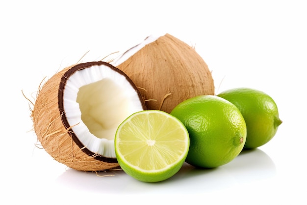 Um coco e limão em um fundo branco