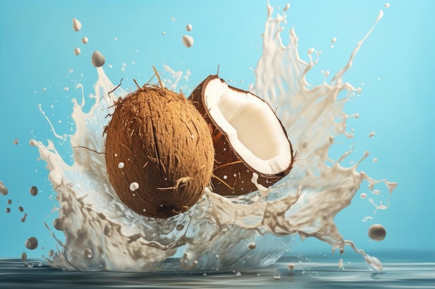 Um coco esmagado com salpicos de leite no fundo Ilustração de IA generativa