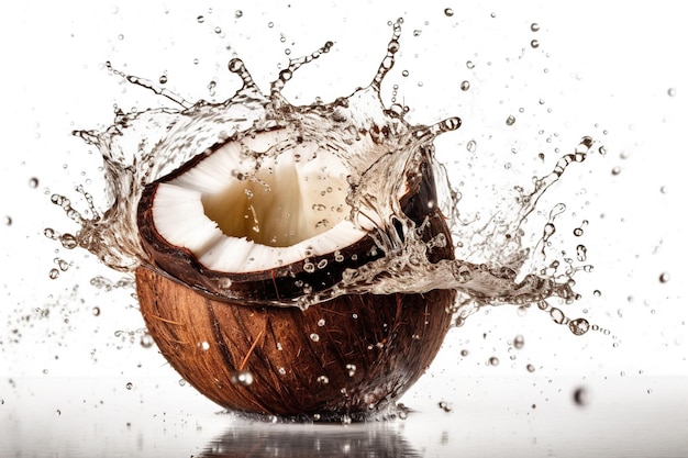 Um coco espirrando na água com a palavra coco nele