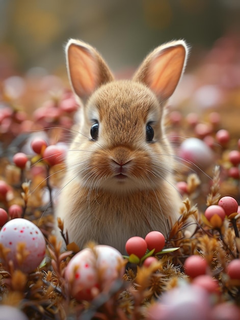 Um coelhinho bonito na floresta de primavera entre ovos de Páscoa coloridos