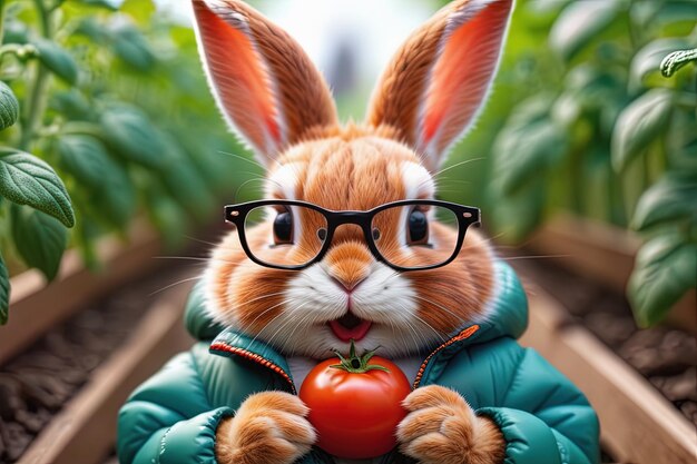 Foto um coelhinho bonito usa óculos de casaco e segura um tomate na mão.