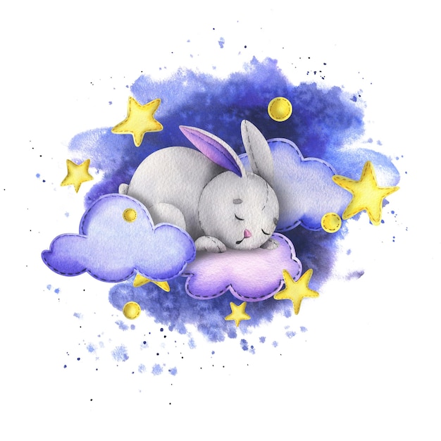 Um coelhinho cinza fofo dorme nas nuvens entre as estrelas contra o fundo do céu noturno Ilustração em aquarela mão infantil desenhada Composição isolada no fundo branco