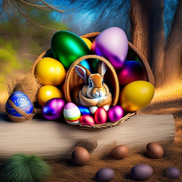 Um coelhinho da Páscoa e cesta de ovos de Páscoa no conceito de natureza