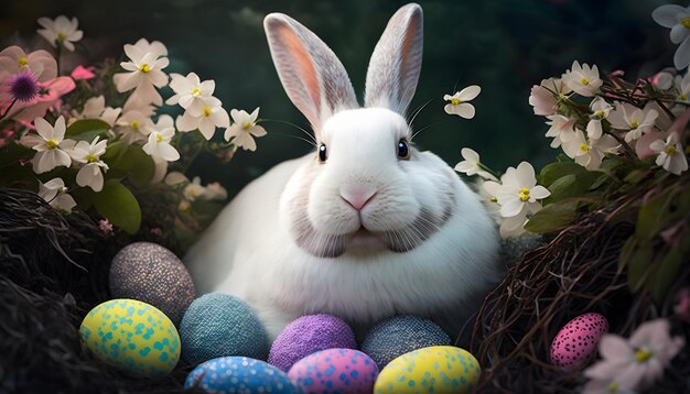 Um coelhinho está sentado entre ovos de páscoa com flores no canto inferior esquerdo.