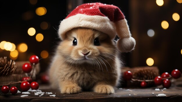 Um coelho adorável a usar um chapéu de Papai Noel.