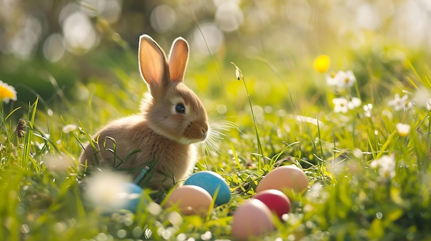 Um coelho adorável com ovos de Páscoa num prado florido