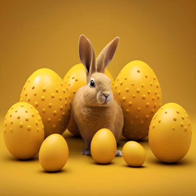 Um coelho amarelo está rodeado de ovos e um coelho está rodeado de outros ovos.