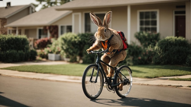 Um coelho andando de bicicleta por um bairro suburbano