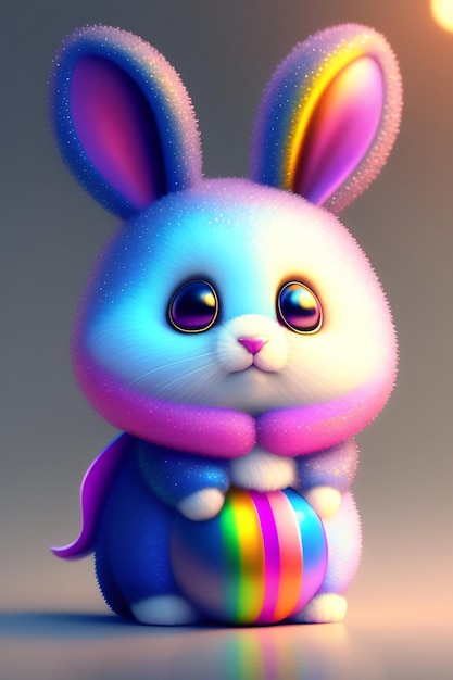 Foto um coelho arco-íris com um presente na boca.