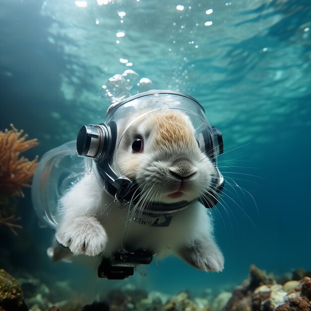 Um coelho bebé está a desfrutar de mergulho nas profundezas do mar Ai generativo