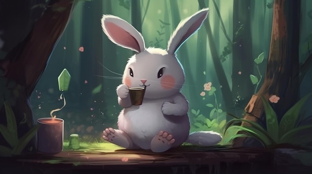 Um coelho bebendo uma xícara de café em uma floresta