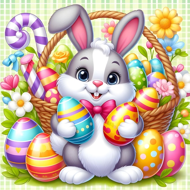 Um coelho bonito brincando com ovos coloridos, flores e uma cesta.