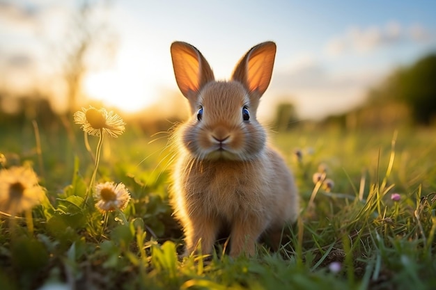 Um coelho bonito descansando na grama verde exuberante Generative Ai