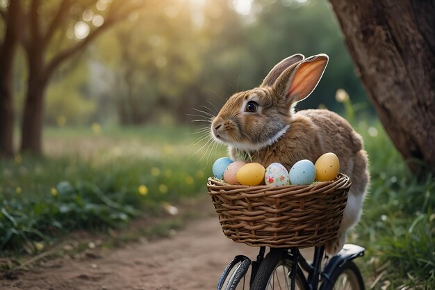 Um coelho bonito e alegre segura um ovo e anda de bicicleta por ocasião da celebração da Páscoa