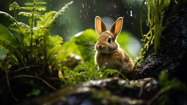 Foto um coelho bonito e as flores de laranja renderização 3d