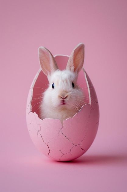 Um coelho bonito espiando de um ovo de Páscoa quebrado em um fundo rosa macio