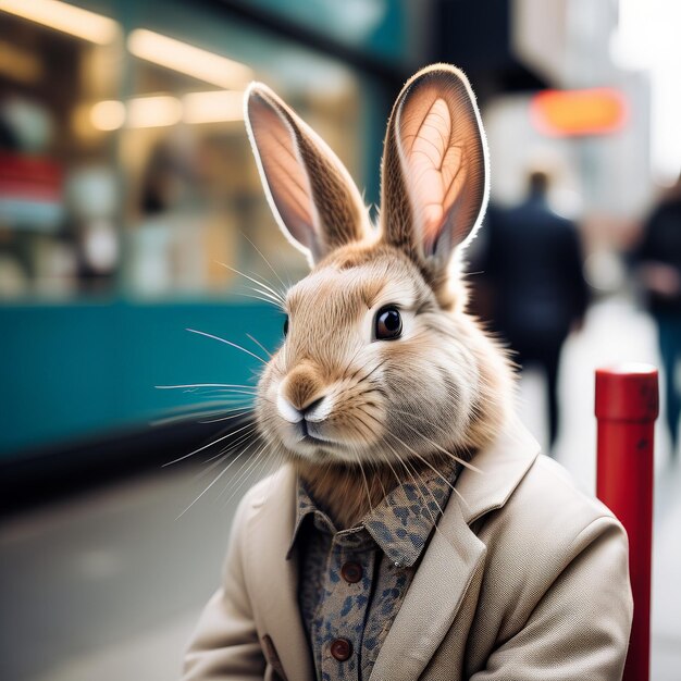 Um coelho bonito está sentado em um banco Um coelho lindo está sentado num banco