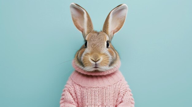 Foto um coelho bonito está vestindo uma camisola rosa aconchegante na frente de um fundo rosa correspondente o coelho parece adorável e elegante em sua roupa ia generativa