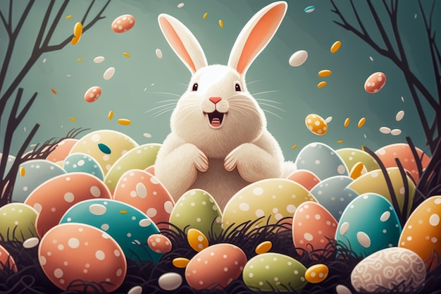 Um coelho branco alegre está sentado cercado por ovos de Páscoa coloridos Generative AI