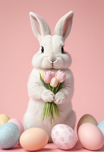 Um coelho branco bonito segura lindas tulipas cor-de-rosa suaves em suas patas cercadas por ovos de Páscoa pintados