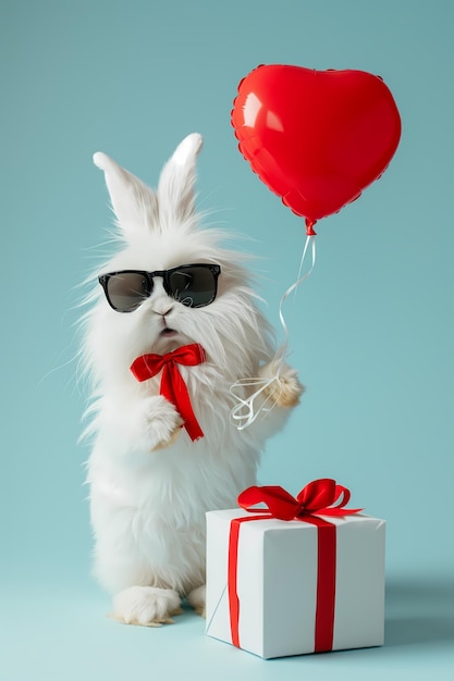 Um coelho branco com óculos de sol segura uma caixa de presentes Um balão vermelho em forma de coração flutua nas proximidades em um bg azul-escuro