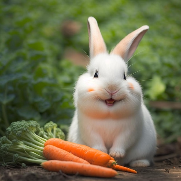 Foto um coelho branco com uma cenoura e um sorriso no rosto.