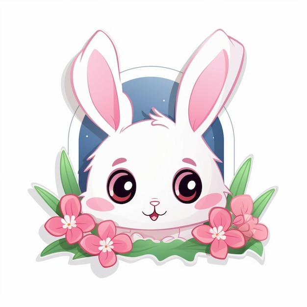 um coelho branco de desenho animado con flores cor de rosa