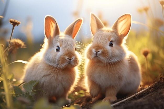 Um coelho branco e dois coelhos fulvos na grama