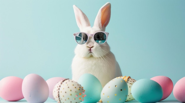 Um coelho branco elegante usando óculos de sol cercado por ovos de Páscoa de cores pastel