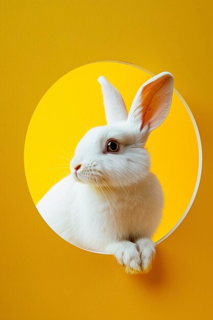 Foto um coelho branco olhando para fora do círculo colorido