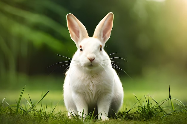 Um coelho branco senta-se na grama em frente a um fundo verde.