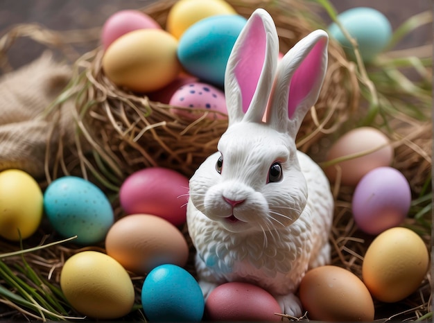 um coelho branco sentado num ninho com ovos na boca