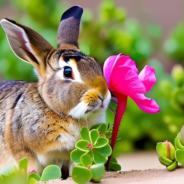 Foto um coelho cheirando uma flor rosa na areia.