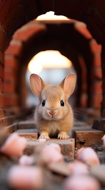 Foto um coelho com olhos e orelhas pretas está sentado em uma escada