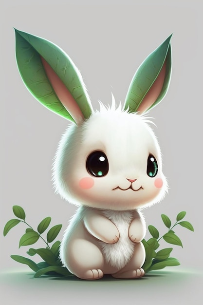 Um coelho com olhos verdes senta-se em uma planta de folhas verdes.