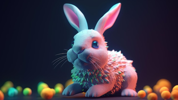 Um coelho com orelhas azuis e rosa fica na frente de um monte de bolas.