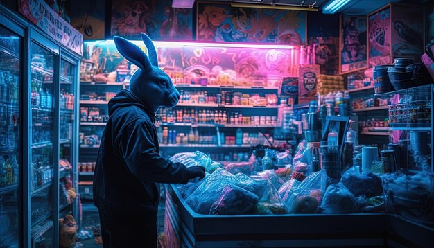 um coelho com orelhas de coelho está em frente a uma loja