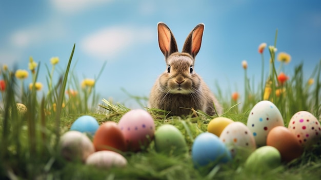 Um coelho com ovos pintados na grama.