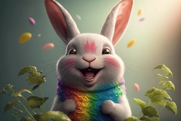 Um coelho com um cachecol de arco-íris e ovos coloridos de arco-íris