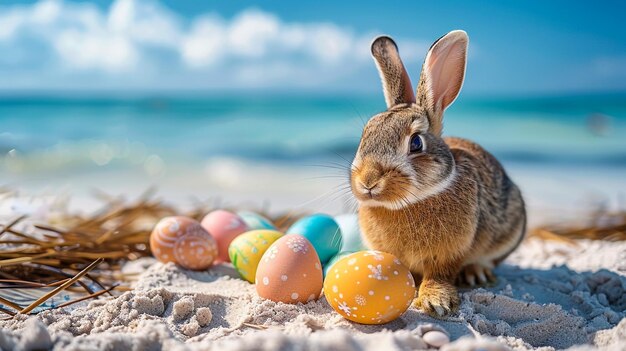 um coelho com um coelho coelho ao lado de ovos na praia